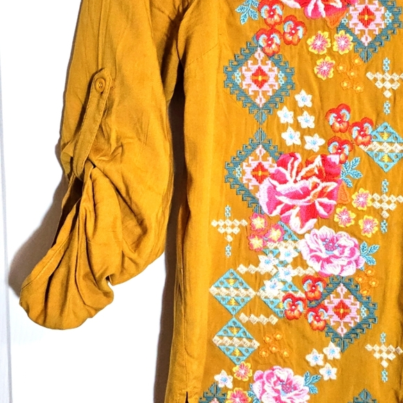 Savanna Jane Embroidered Floral‎ Rsyon Blouse Small Bold Boho Summer Yellow - Picture 4 of 7